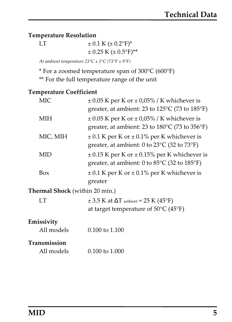 Technical data, Mid 5 | RayTek 54301 User Manual | Page 13 / 93
