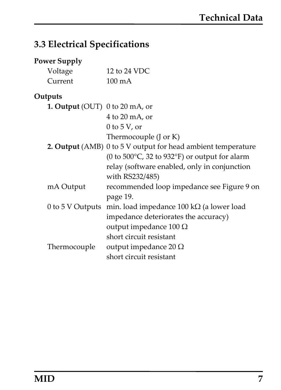 Electrical specifications, Lectrical, Pecifications | Technical data 3.3 electrical specifications, Mid 7 | RayTek 54301 User Manual | Page 15 / 93
