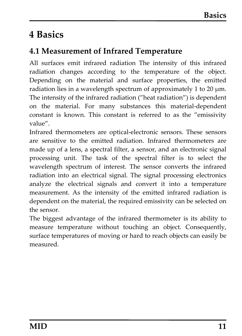 Basics, Measurement of infrared temperature, 4 basics | Easurement of, Nfrared, Emperature | RayTek 54301 User Manual | Page 19 / 93