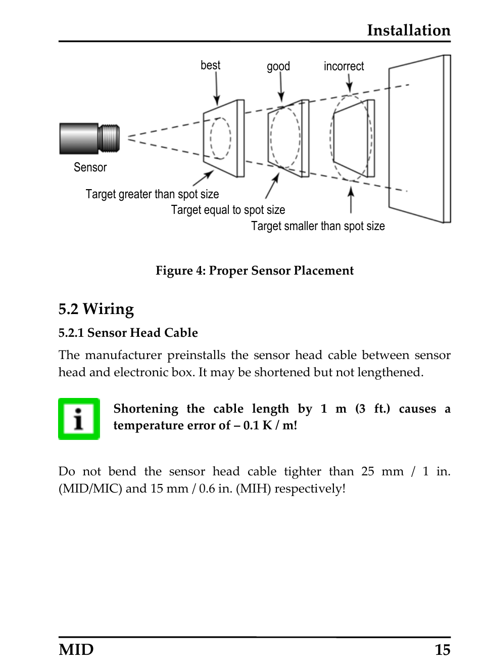 Wiring, Sensor head cable, Iring | 1 sensor head cable, Installation, 2 wiring, Mid 15 | RayTek 54301 User Manual | Page 23 / 93