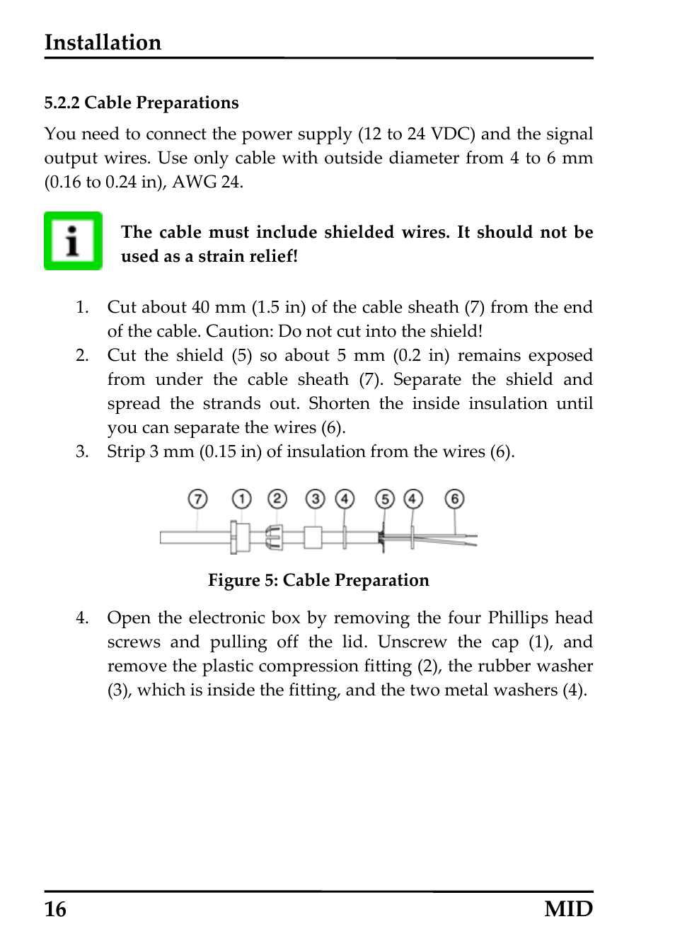 Cable preparations, 2 cable preparations, Installation | 16 mid | RayTek 54301 User Manual | Page 24 / 93