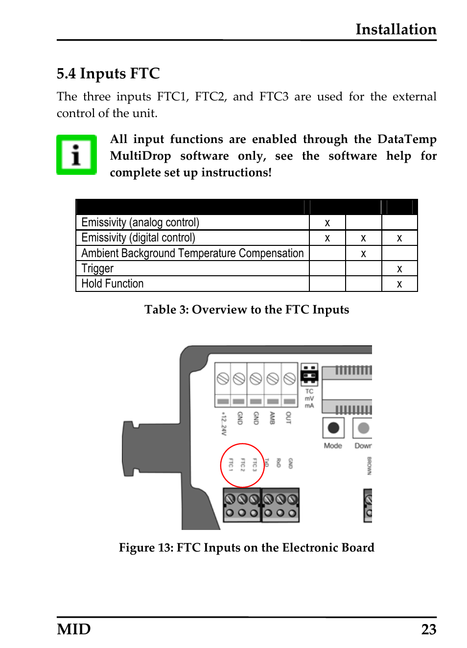 Inputs ftc, Nputs, Installation 5.4 inputs ftc | Mid 23 | RayTek 54301 User Manual | Page 31 / 93