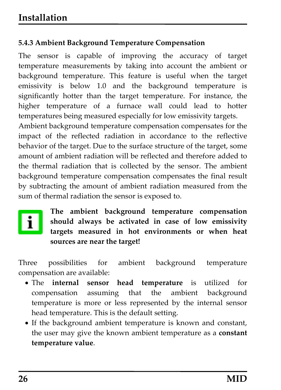 Ambient background temperature compensation, 3 ambient background temperature compensation, Installation | 26 mid | RayTek 54301 User Manual | Page 34 / 93