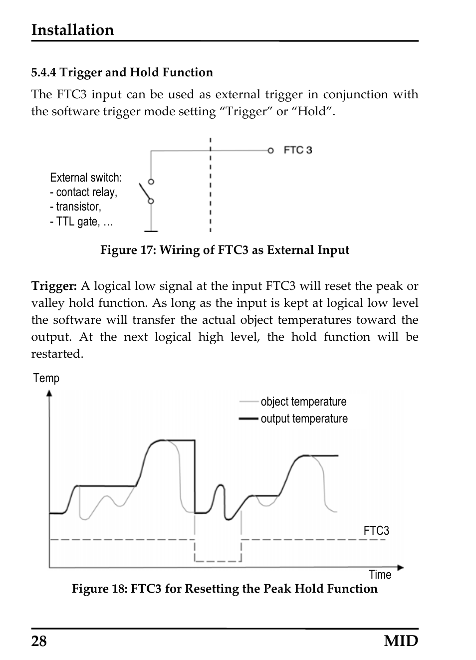 Trigger and hold function, 4 trigger and hold function, Installation | 28 mid | RayTek 54301 User Manual | Page 36 / 93