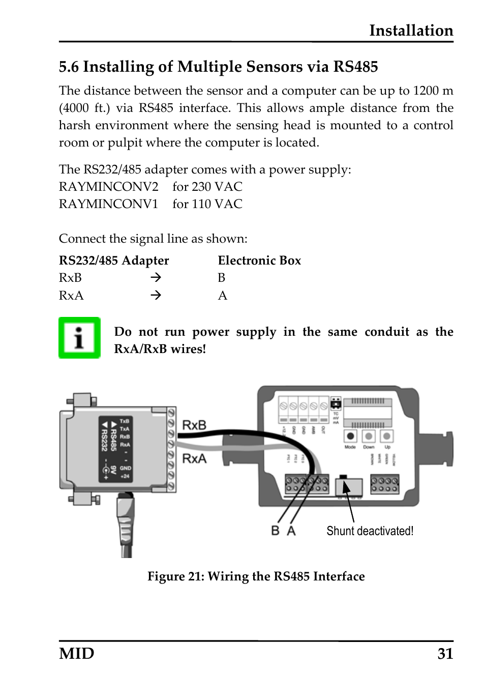 Installing of multiple sensors via rs485, Nstalling of, Ultiple | Ensors via, Rs485, Mid 31 | RayTek 54301 User Manual | Page 39 / 93