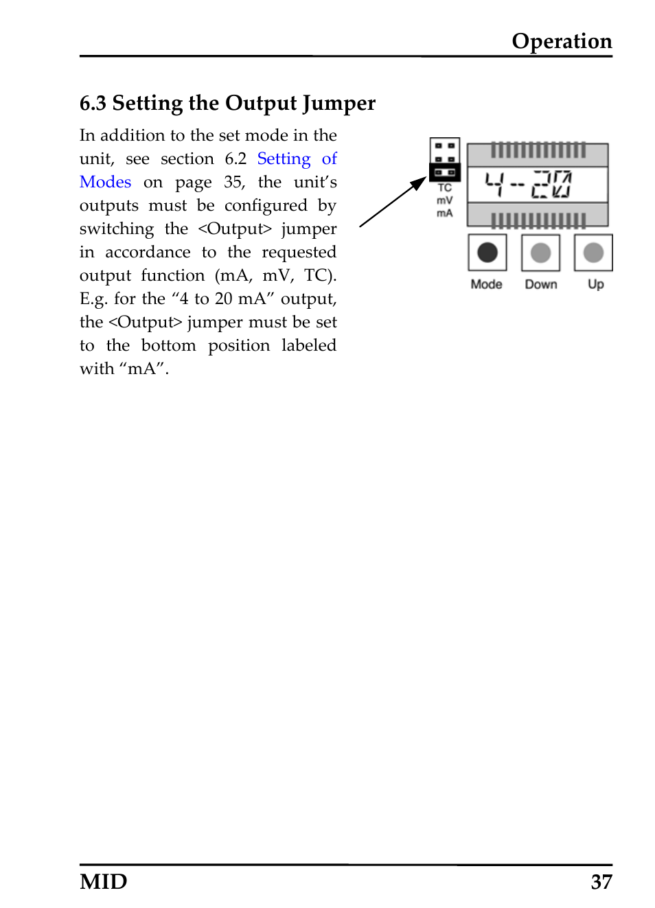 Setting the output jumper, Etting the, Utput | Umper, Operation 6.3 setting the output jumper, Mid 37 | RayTek 54301 User Manual | Page 45 / 93