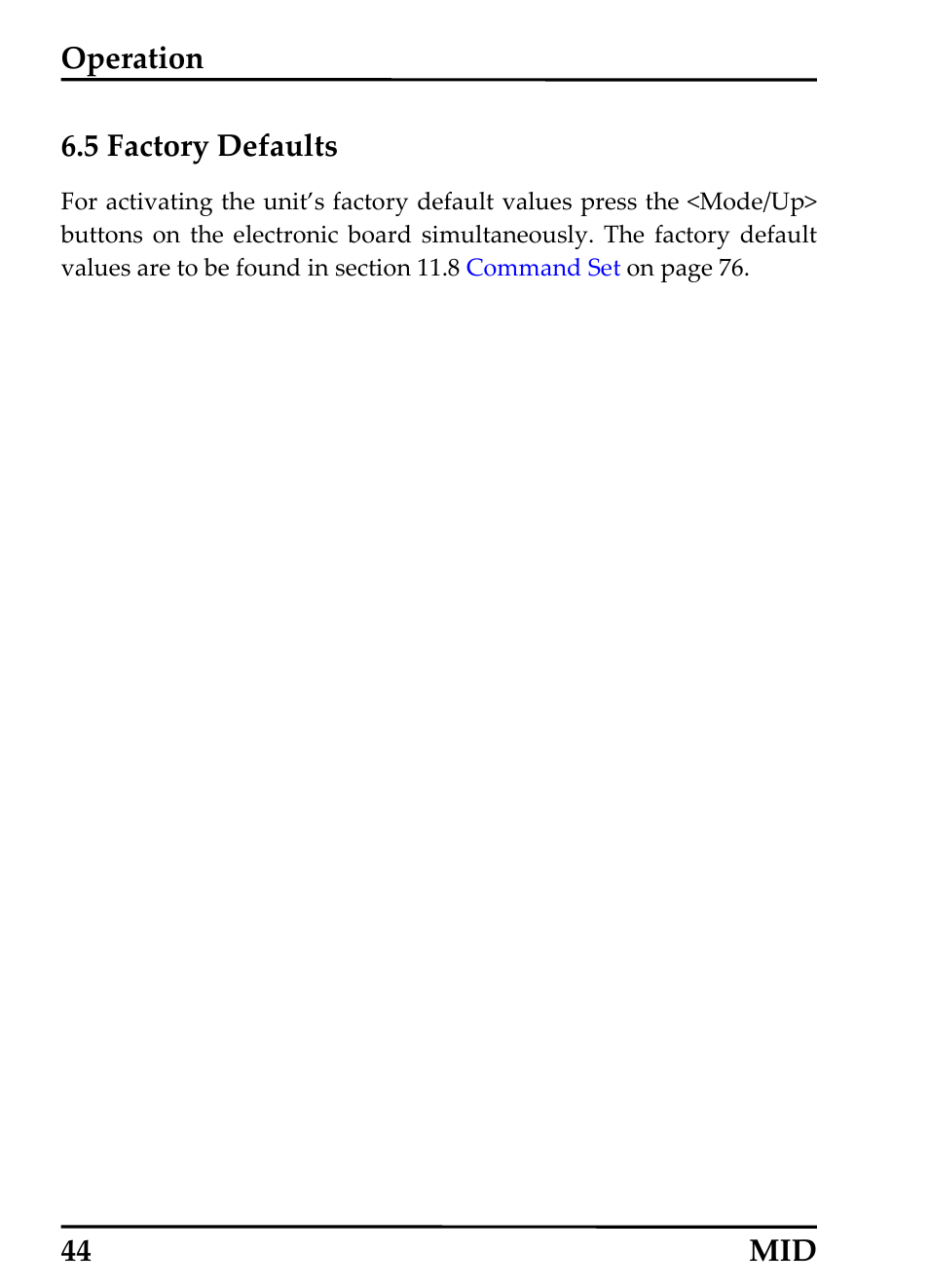 Factory defaults, Actory, Efaults | Operation, 5 factory defaults, 44 mid | RayTek 54301 User Manual | Page 52 / 93