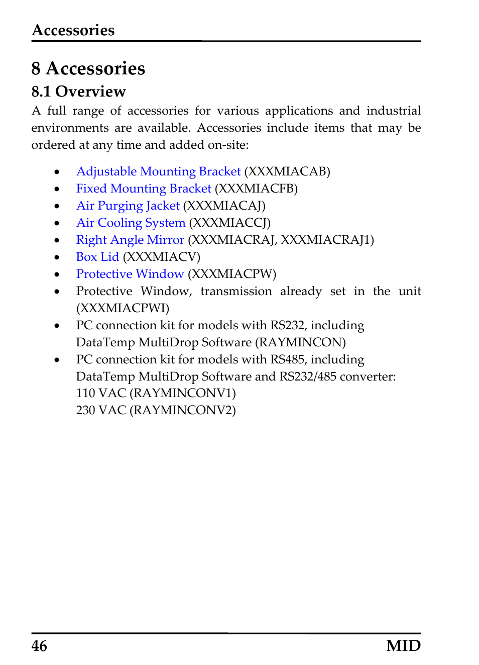 Accessories, Overview, 8 accessories | Verview, 1 overview, 46 mid | RayTek 54301 User Manual | Page 54 / 93