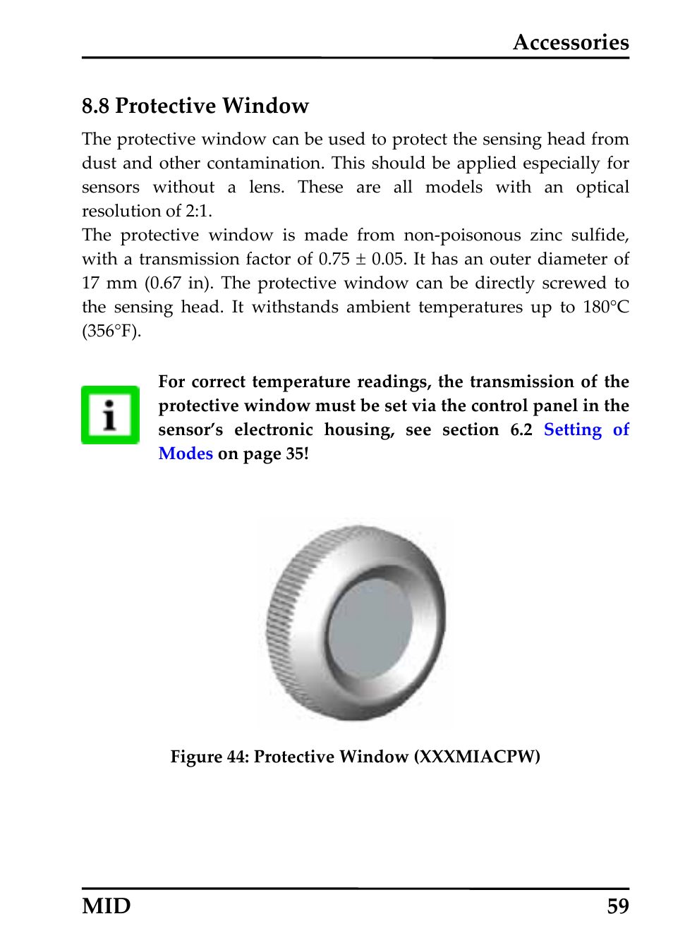 Protective window, Rotective, Indow | Accessories 8.8 protective window, Mid 59 | RayTek 54301 User Manual | Page 67 / 93