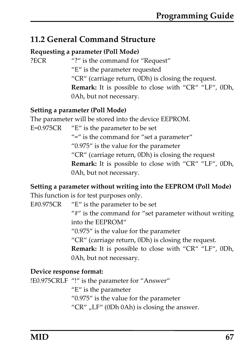 General command structure, Eneral, Ommand | Tructure, Programming guide 11.2 general command structure, Mid 67 | RayTek 54301 User Manual | Page 75 / 93