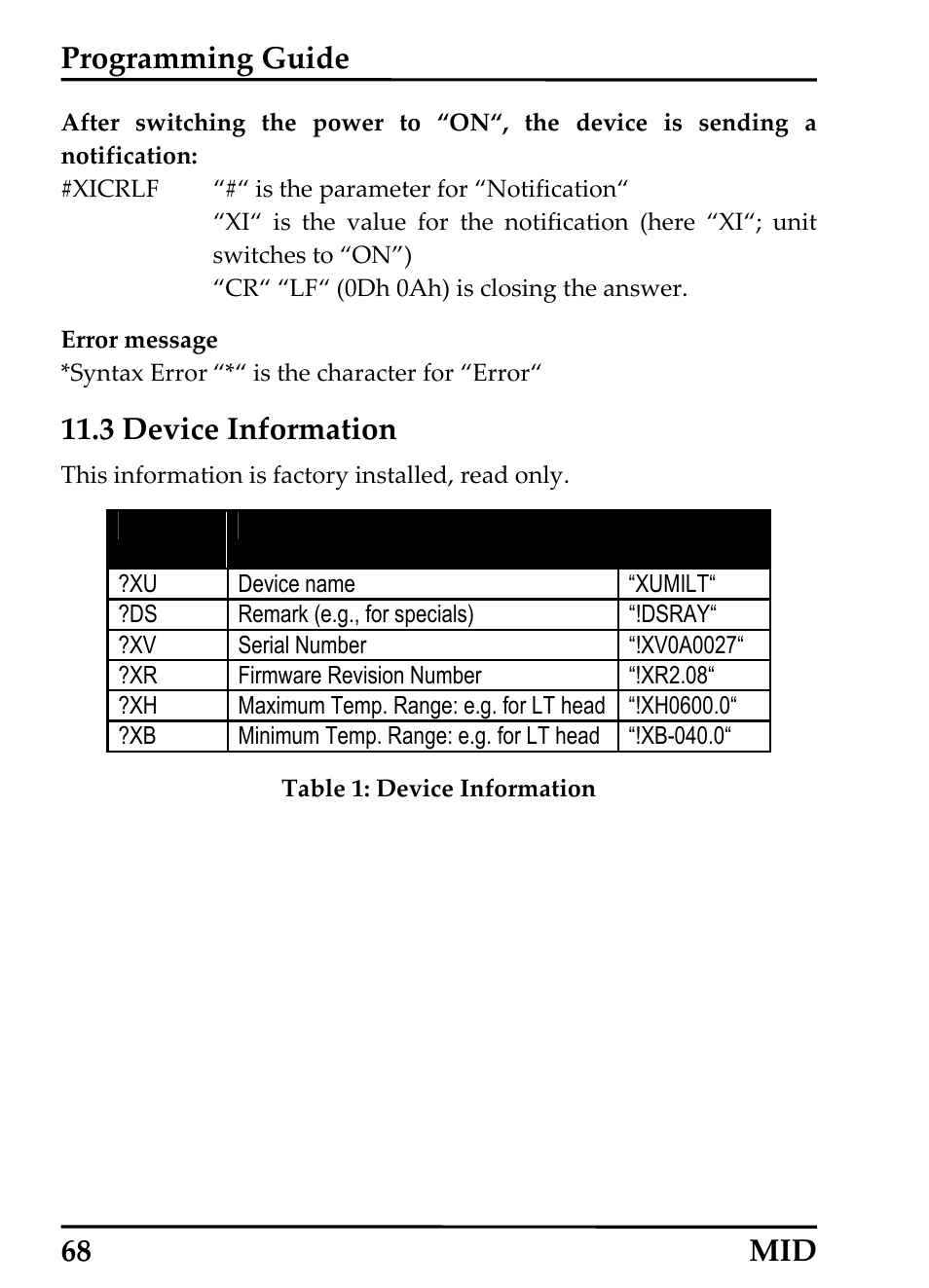 Device information, Evice, Nformation | Programming guide, 3 device information, 68 mid | RayTek 54301 User Manual | Page 76 / 93