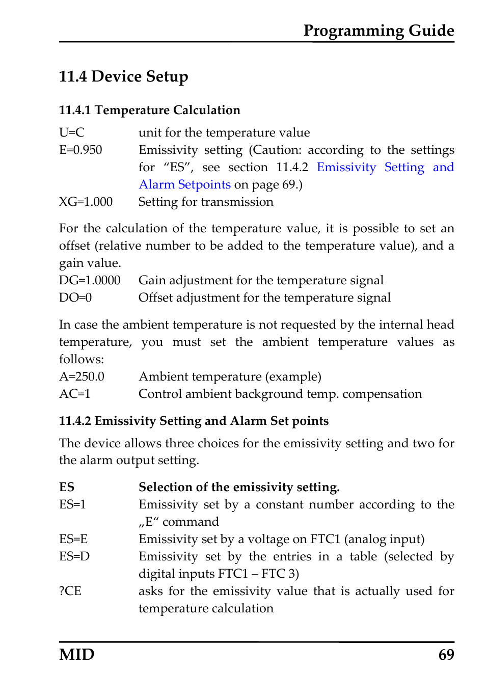 Device setup, Temperature calculation, Emissivity setting and alarm set points | Evice, Etup, 1 temperature calculation, 2 emissivity setting and alarm set points, Programming guide 11.4 device setup, Mid 69 | RayTek 54301 User Manual | Page 77 / 93