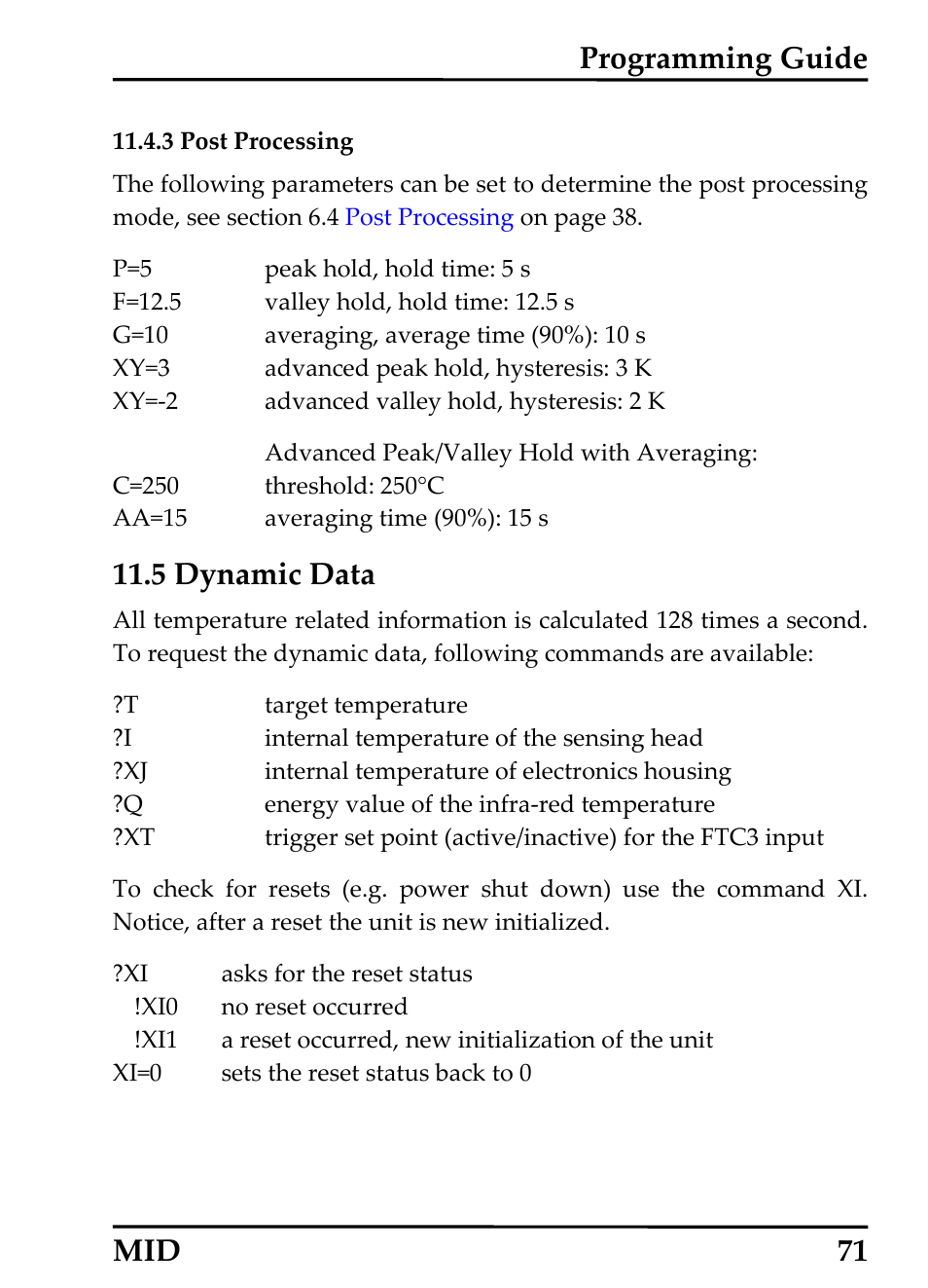 Post processing, Dynamic data, 3 post processing | Ynamic, Programming guide, 5 dynamic data, Mid 71 | RayTek 54301 User Manual | Page 79 / 93