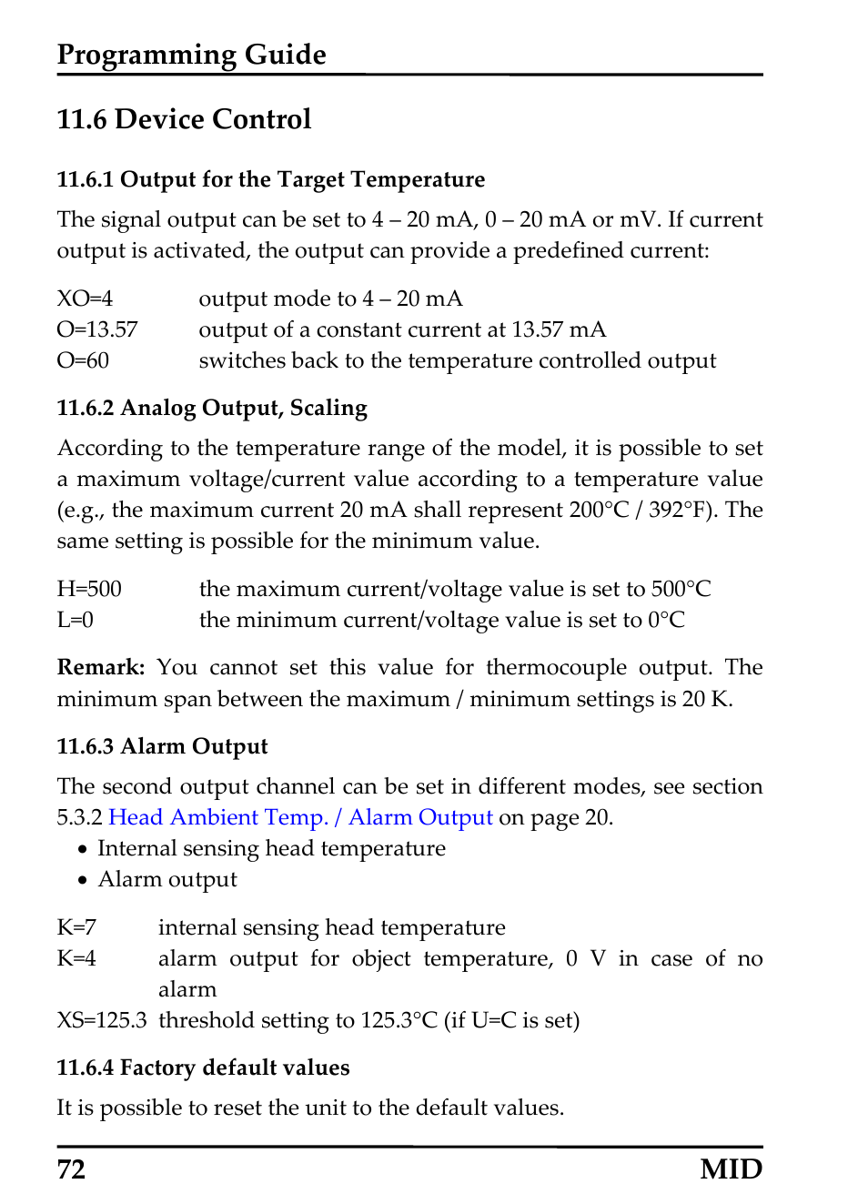 Device control, Output for the target temperature, Analog output, scaling | Alarm output, Factory default values, Evice, Ontrol, 1 output for the target temperature, 2 analog output, scaling, 3 alarm output | RayTek 54301 User Manual | Page 80 / 93