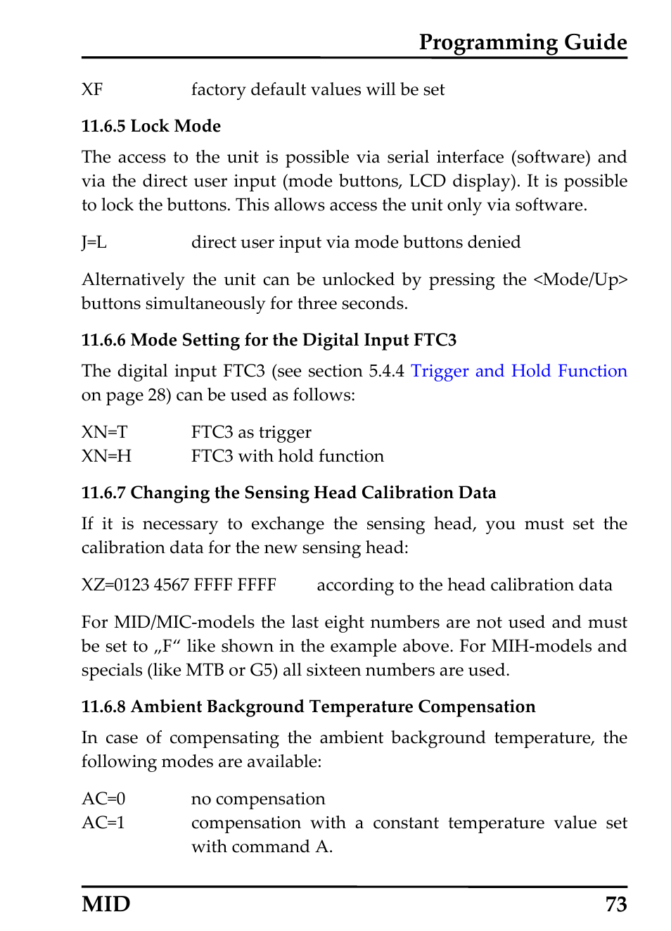Lock mode, Mode setting for the digital input ftc3, Changing the sensing head calibration data | Ambient background temperature compensation, 5 lock mode, 6 mode setting for the digital input ftc3, 7 changing the sensing head calibration data73, 8 ambient background temperature compensation, Programming guide, Mid 73 | RayTek 54301 User Manual | Page 81 / 93