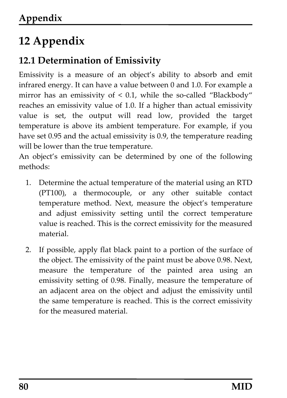 Appendix, Determination of emissivity, 12 appendix | Etermination of, Missivity | RayTek 54301 User Manual | Page 88 / 93