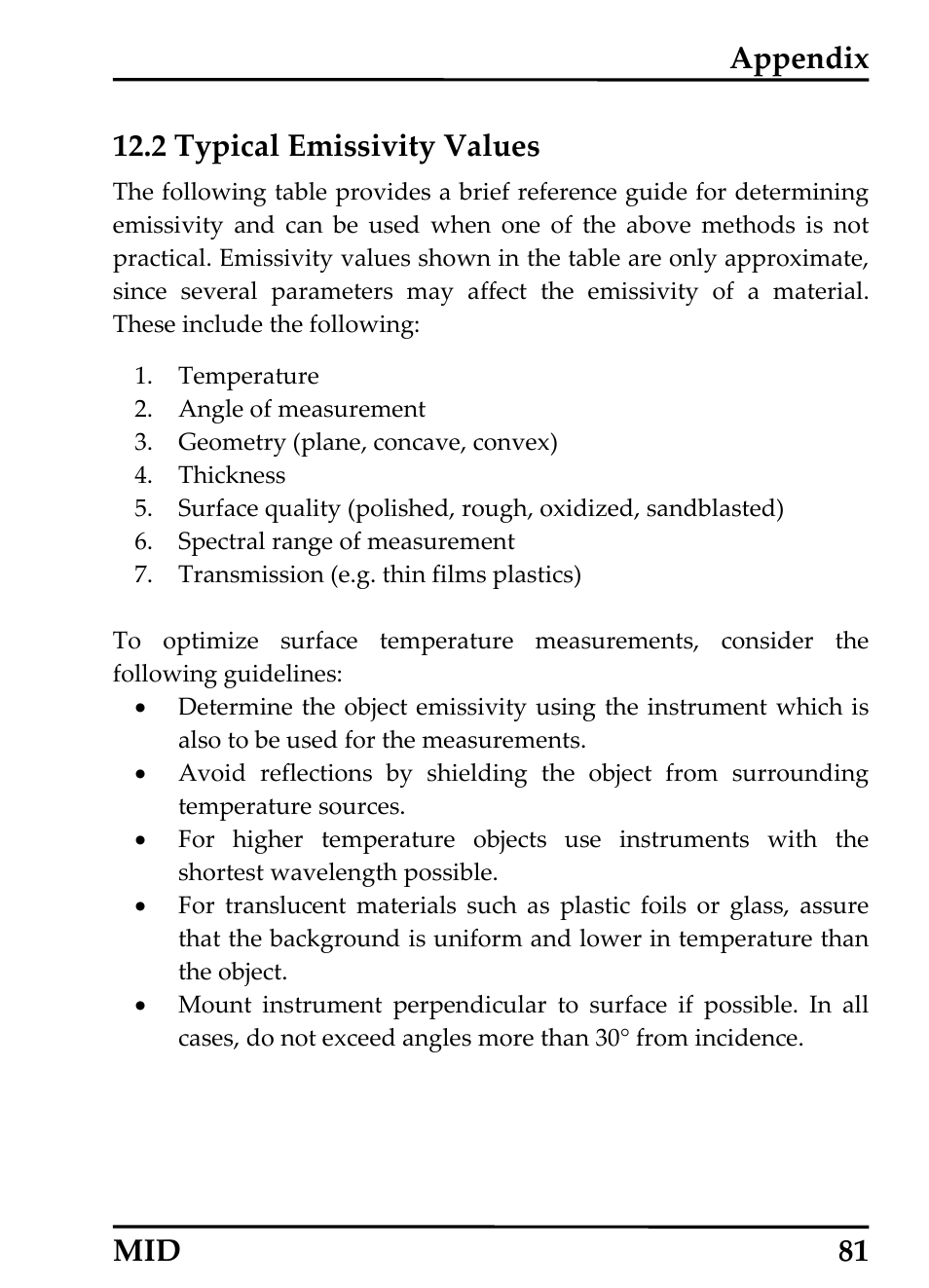 Typical emissivity values, Ypical, Missivity | Alues, Appendix 12.2 typical emissivity values, Mid 81 | RayTek 54301 User Manual | Page 89 / 93