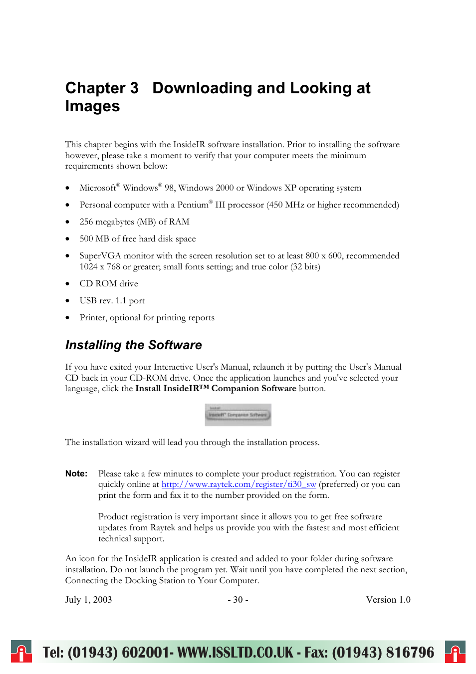 Chapter 3 downloading and looking at images, Installing the software | RayTek ThermoView Ti30 User Manual | Page 30 / 83