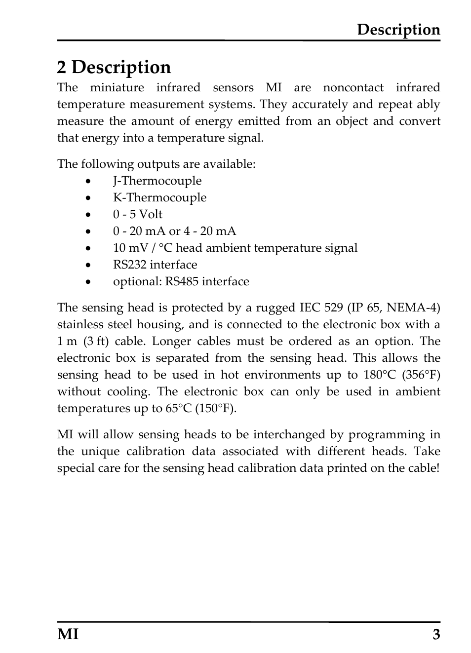 2 description, Description mi 3 | RayTek MI Miniature Infrared Sensor User Manual | Page 11 / 95