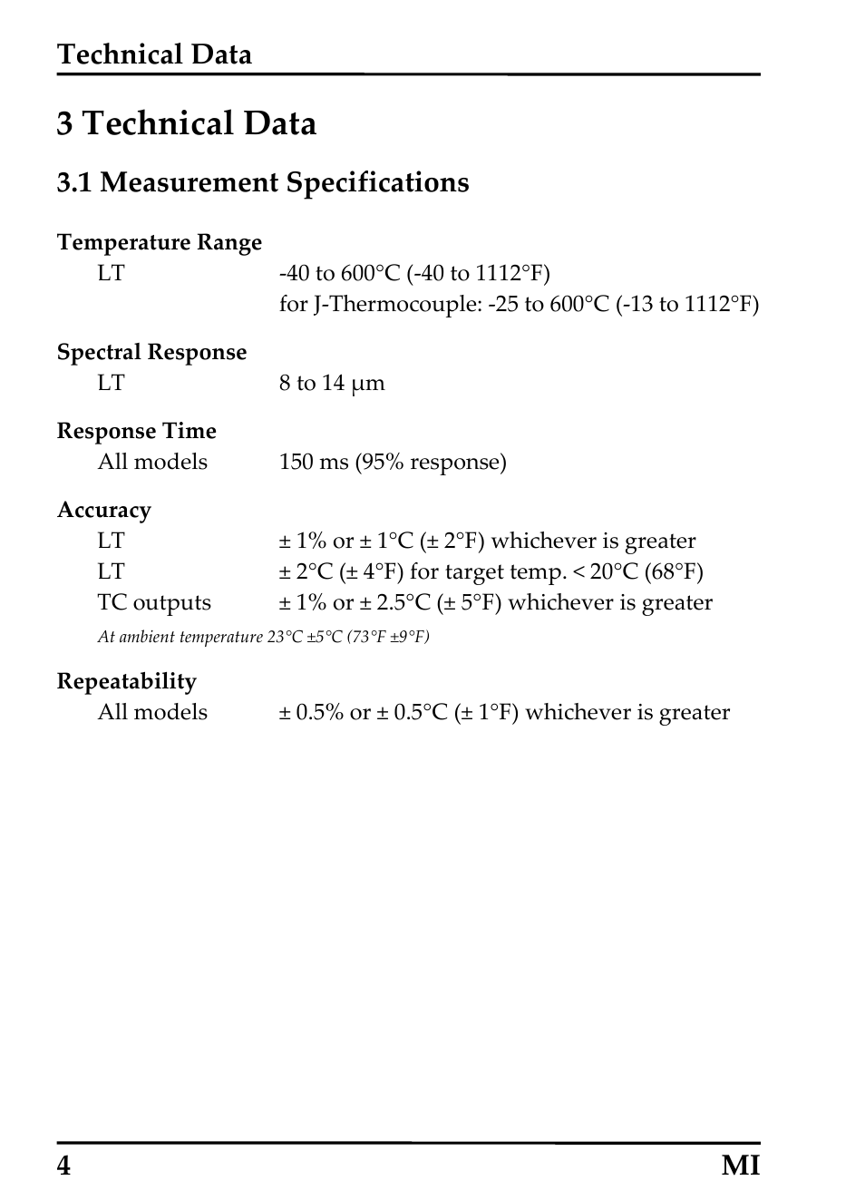 3 technical data, 1 measurement specifications, Technical data | 4 mi | RayTek MI Miniature Infrared Sensor User Manual | Page 12 / 95