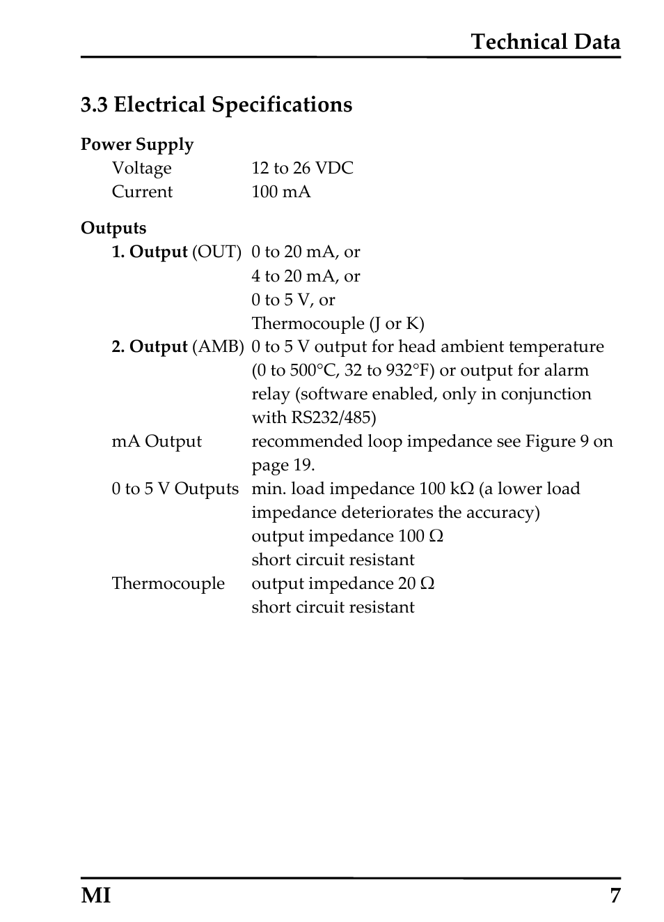 3 electrical specifications, Technical data mi 7 3.3 electrical specifications | RayTek MI Miniature Infrared Sensor User Manual | Page 15 / 95