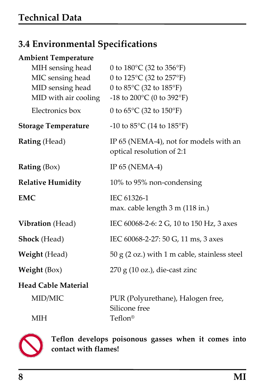 4 environmental specifications, Technical data, 8 mi 3.4 environmental specifications | RayTek MI Miniature Infrared Sensor User Manual | Page 16 / 95