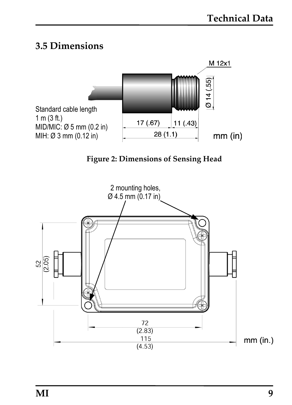 5 dimensions, Technical data mi 9 3.5 dimensions | RayTek MI Miniature Infrared Sensor User Manual | Page 17 / 95