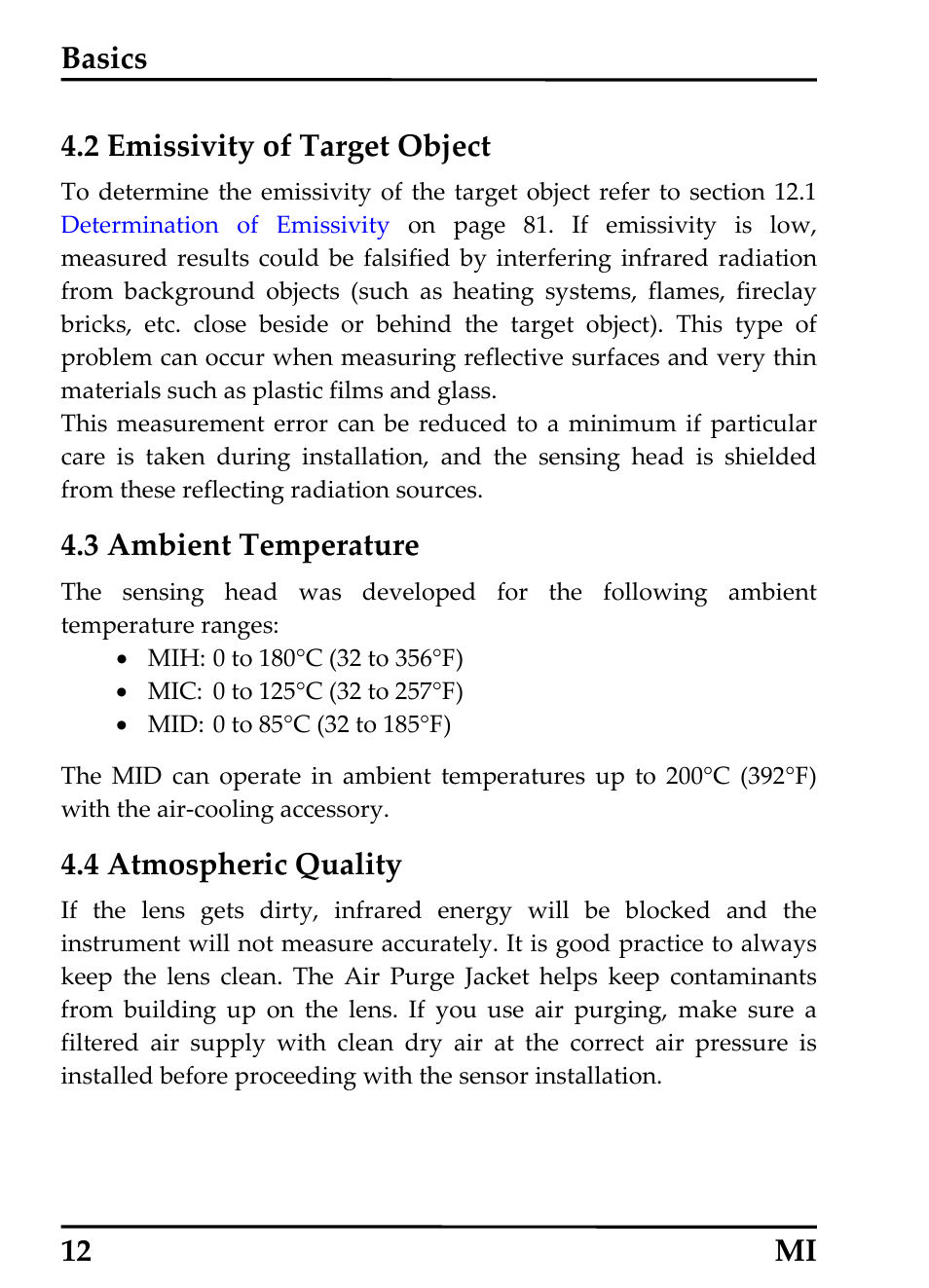 2 emissivity of target object, 3 ambient temperature, 4 atmospheric quality | Basics, 12 mi 4.2 emissivity of target object | RayTek MI Miniature Infrared Sensor User Manual | Page 20 / 95