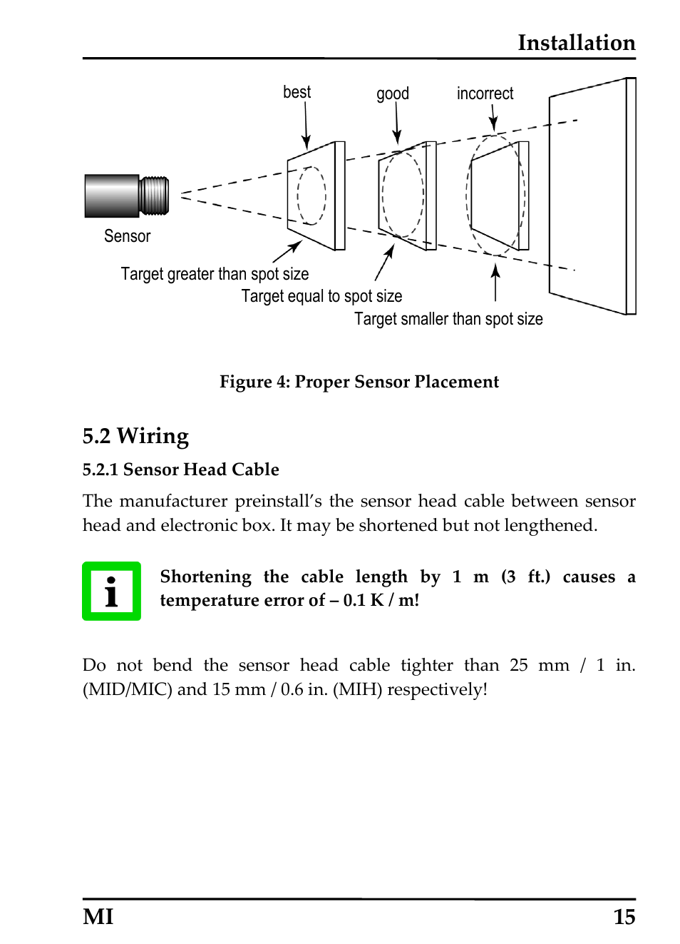 2 wiring, 1 sensor head cable, Installation mi 15 | RayTek MI Miniature Infrared Sensor User Manual | Page 23 / 95