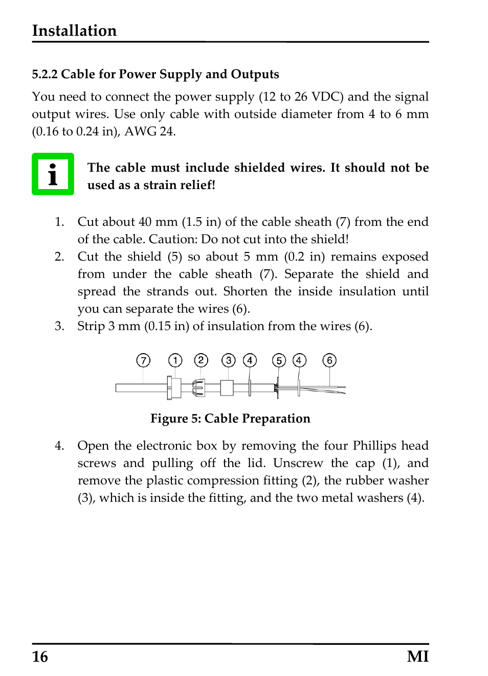 2 cable for power supply and outputs, Installation, 16 mi | RayTek MI Miniature Infrared Sensor User Manual | Page 24 / 95