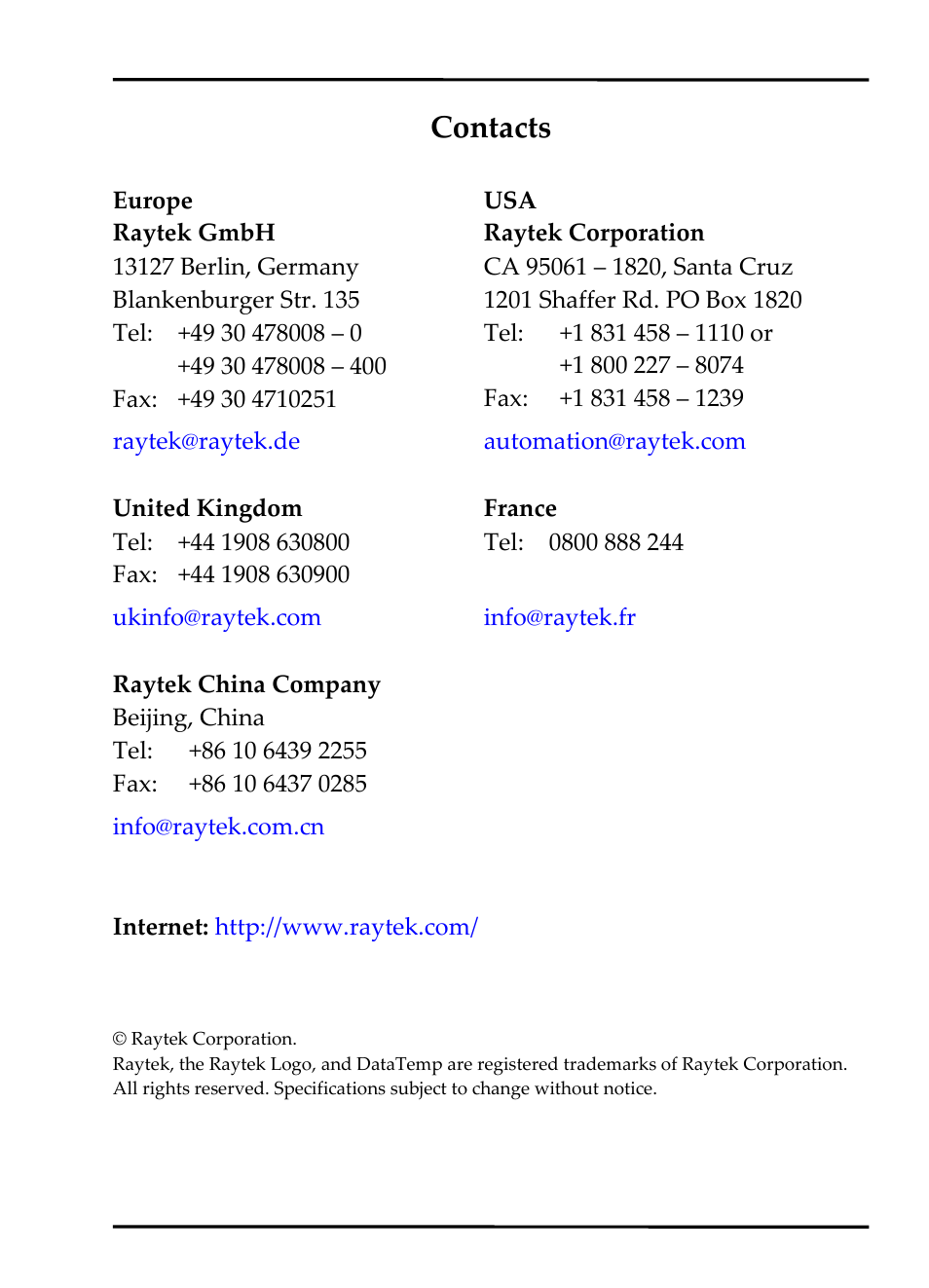 Contacts | RayTek MI Miniature Infrared Sensor User Manual | Page 3 / 95