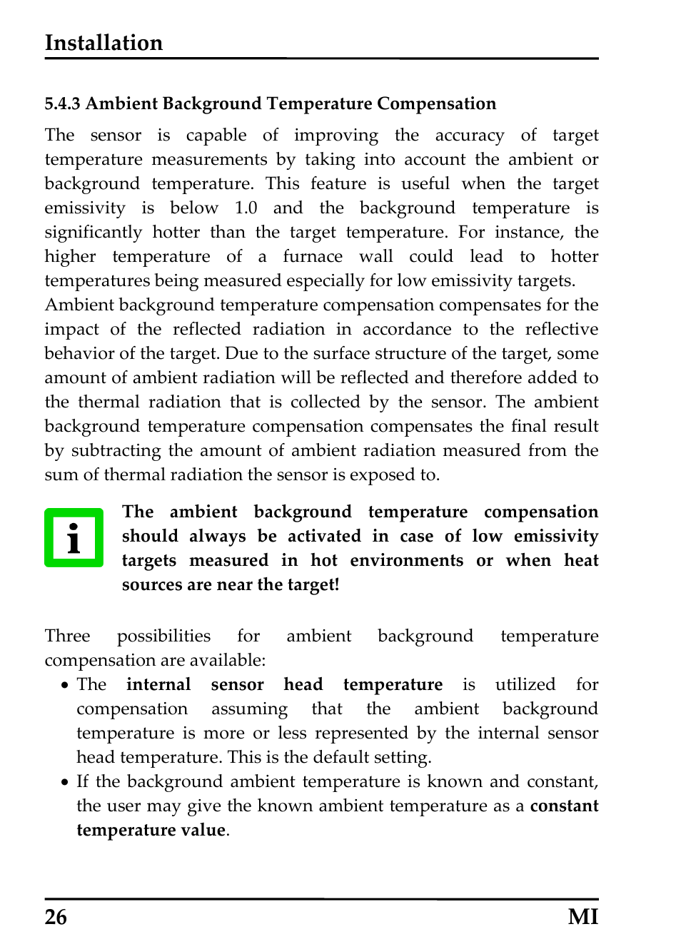 3 ambient background temperature compensation, Installation, 26 mi | RayTek MI Miniature Infrared Sensor User Manual | Page 34 / 95