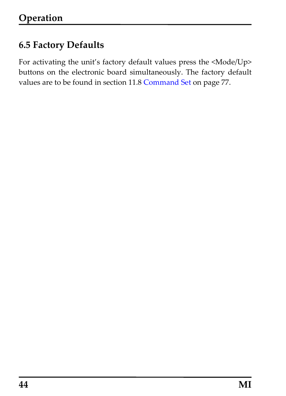 5 factory defaults, Operation, 44 mi 6.5 factory defaults | RayTek MI Miniature Infrared Sensor User Manual | Page 52 / 95