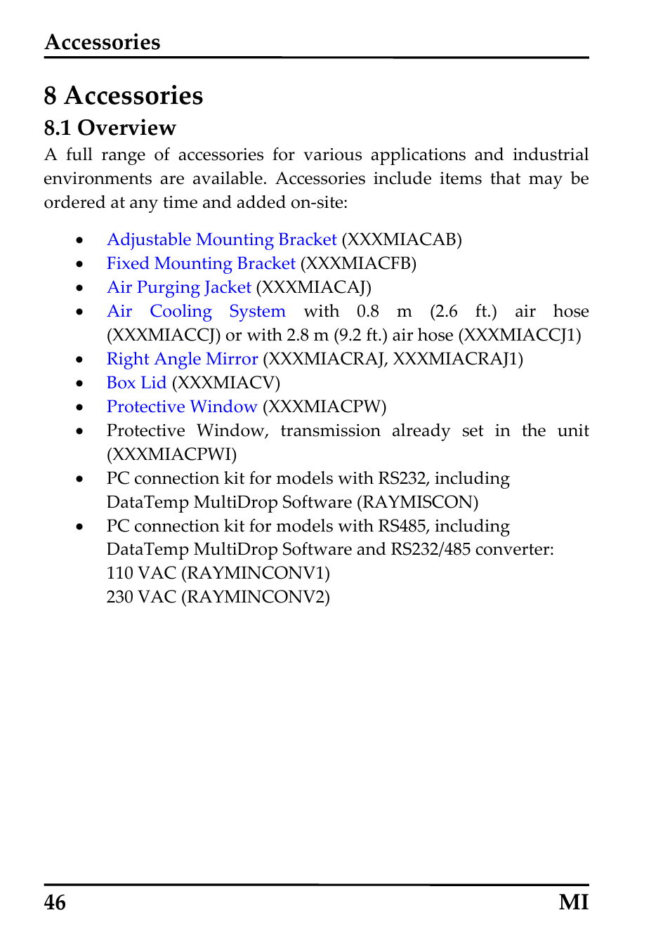 8 accessories, 1 overview, Accessories | 46 mi | RayTek MI Miniature Infrared Sensor User Manual | Page 54 / 95