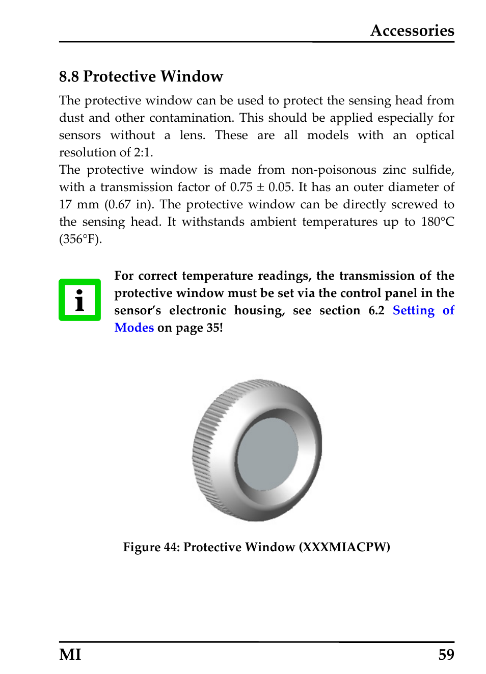 8 protective window, Protective window, Accessories mi 59 8.8 protective window | RayTek MI Miniature Infrared Sensor User Manual | Page 67 / 95