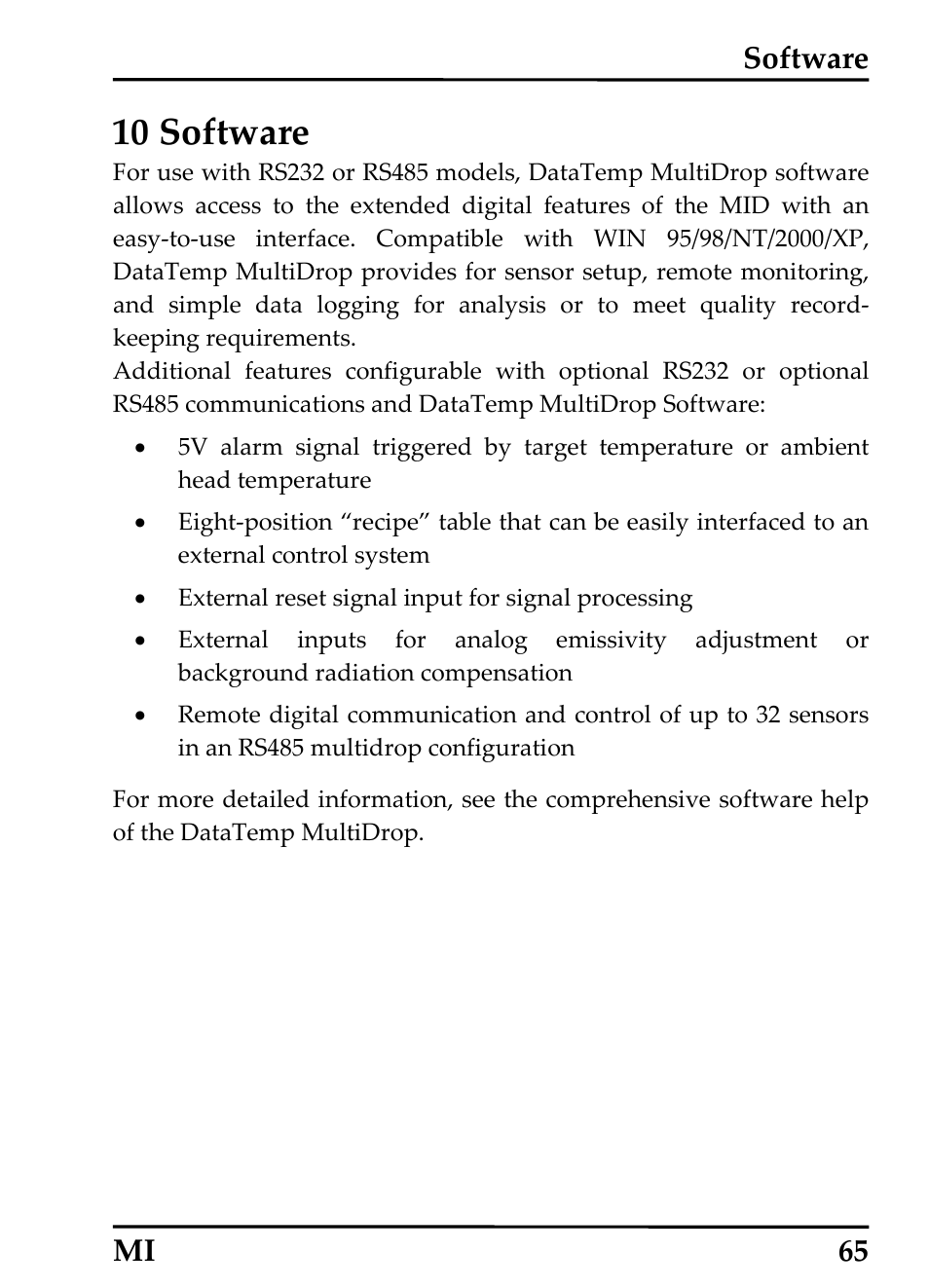 10 software, Software mi 65 | RayTek MI Miniature Infrared Sensor User Manual | Page 73 / 95