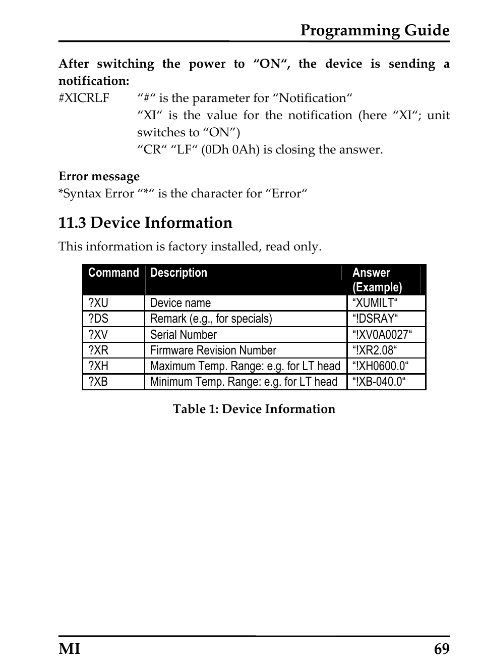 3 device information, Programming guide mi 69 | RayTek MI Miniature Infrared Sensor User Manual | Page 77 / 95