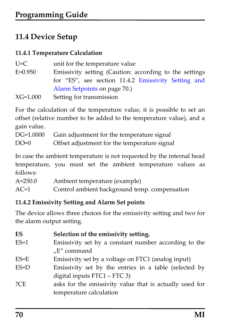 4 device setup, 1 temperature calculation, 2 emissivity setting and alarm set points | Programming guide | RayTek MI Miniature Infrared Sensor User Manual | Page 78 / 95