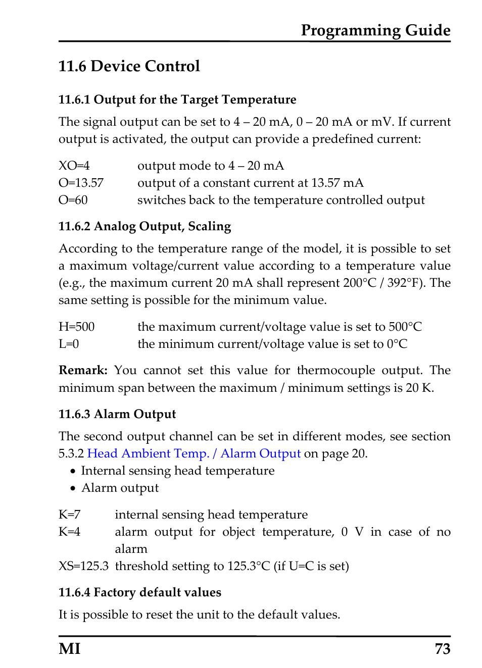 6 device control, 1 output for the target temperature, 2 analog output, scaling | 3 alarm output, 4 factory default values | RayTek MI Miniature Infrared Sensor User Manual | Page 81 / 95