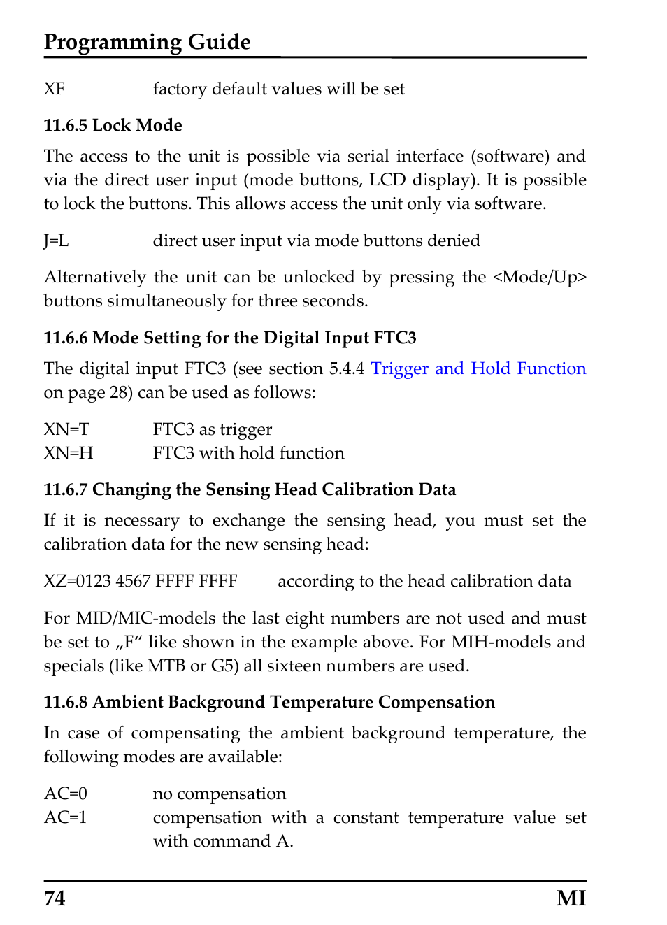 5 lock mode, 6 mode setting for the digital input ftc3, 7 changing the sensing head calibration data | 8 ambient background temperature compensation, Programming guide, 74 mi | RayTek MI Miniature Infrared Sensor User Manual | Page 82 / 95