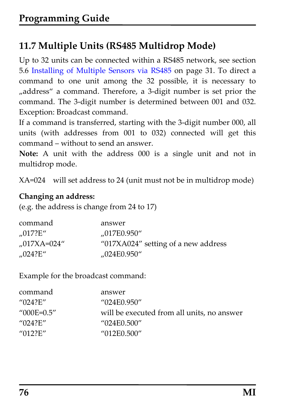 7 multiple units (rs485 multidrop mode), Programming guide | RayTek MI Miniature Infrared Sensor User Manual | Page 84 / 95