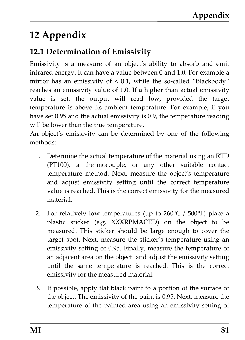 12 appendix, 1 determination of emissivity, Appendix mi 81 | RayTek MI Miniature Infrared Sensor User Manual | Page 89 / 95