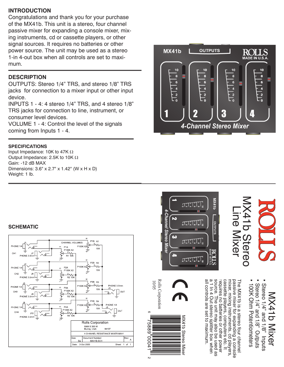 Rolls MX41b User Manual | 1 page