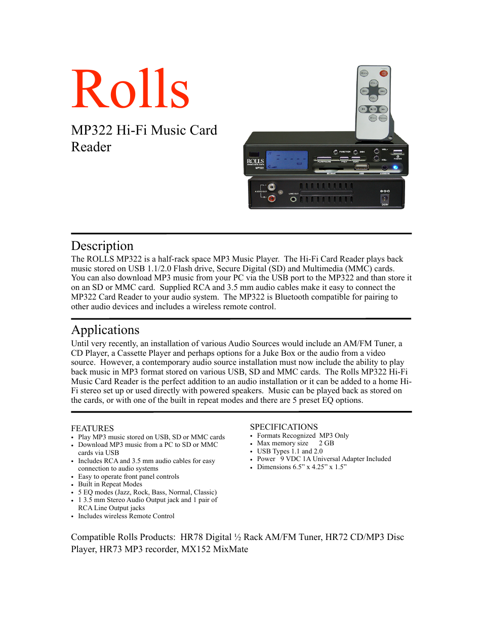 Rolls MP322 User Manual | 1 page