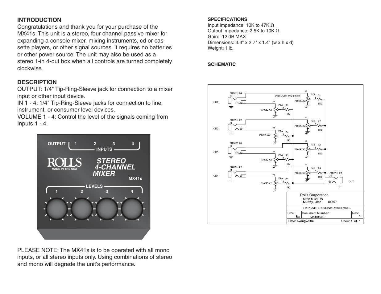 Stereo 4-channel mixer | Rolls MX41S User Manual | Page 2 / 2