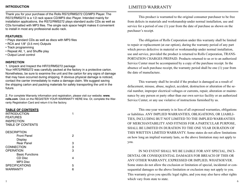 Limited warranty | Rolls RMS272 User Manual | Page 2 / 4