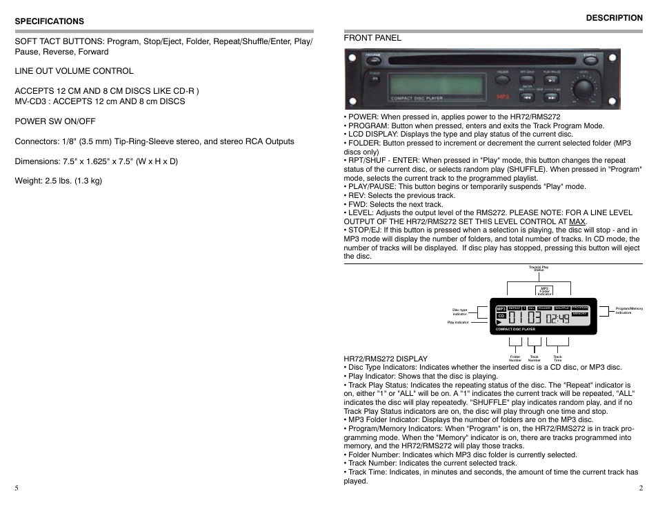 Description front panel | Rolls RMS272 User Manual | Page 3 / 4