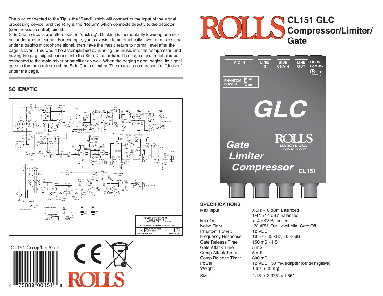 Rolls Compressor/Limiter/Gate CL151 GLC User Manual | 2 pages