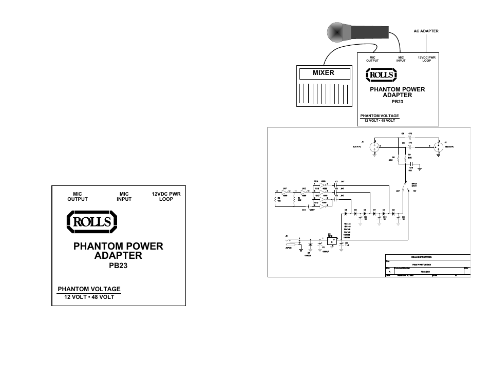 Phantom power adapter, Pb23, Mixer | Phantom voltage, 12 volt  48 volt, Mic output mic input 12vdc pwr loop | Rolls PB23 User Manual | Page 2 / 2