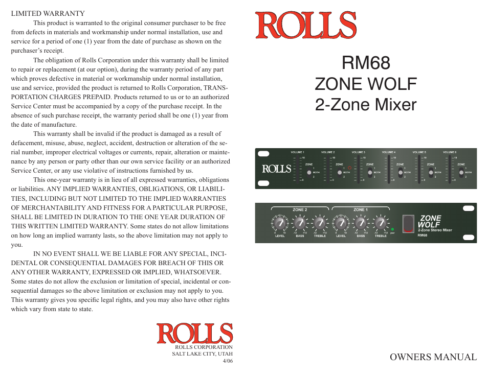 Rolls ZONE WOLF RM68 User Manual | 2 pages